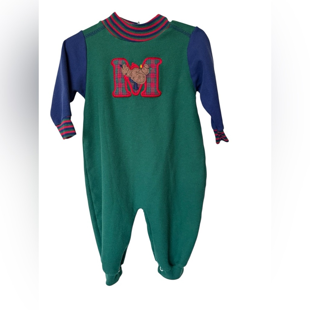 Vintage Healthtex Holiday Moose Blue and Green Snap Button Romper Bodysuit 12M